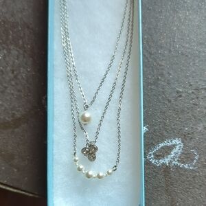 Touchstone Crystal Silver Pearl Necklace with Sparkling Charm